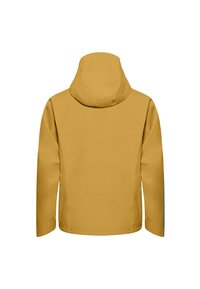 Giacca impermeabile gialla con cappuccio, texture liscia, maniche lunghe e taglio dritto. Presenta un dettaglio di cucitura lungo le cuciture.