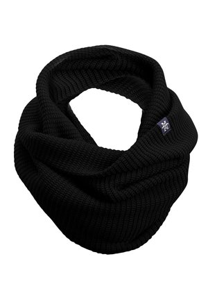 Black knitted infinity scarf with a ribbed texture and a visible logo tag. Soft material with a continuous loop design.