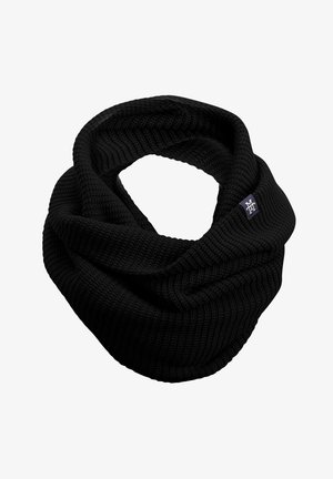 Schwarzer gestrickter Infinity-Schal mit ribbeliger Textur und sichtbarem Logo-Tag. Weiches Material mit einem durchgehenden Schleifen-Design.