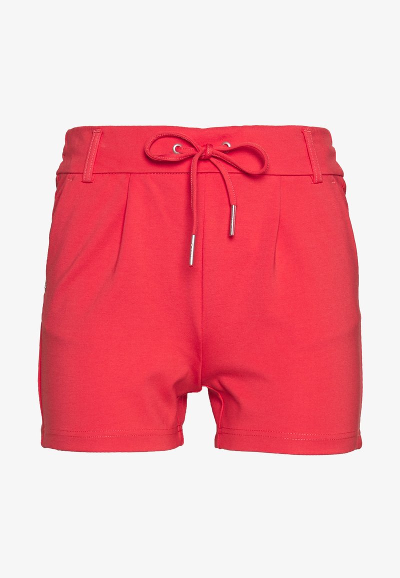 Červené bavlněné šortky s elastickým páskem, nastavovacím stahováním a dvěma předními záhyby. Hladká textura a střih na míru.