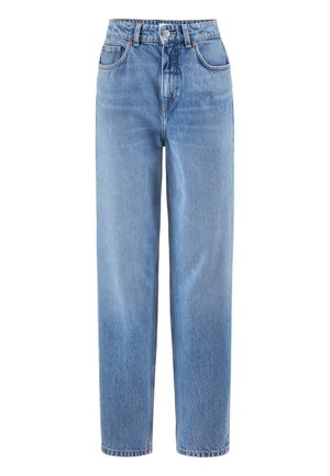 Hochtaillierte, gerade geschnittene blaue Jeans aus Denim mit vorderem Knopf und Reißverschluss, Gürtelschlaufen und fünf Taschen.