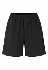 Zwarte sportshorts van zachte stof, met een elastische tailleband en een losse pasvorm, uitgerust met zijsplitten voor extra bewegingsvrijheid.