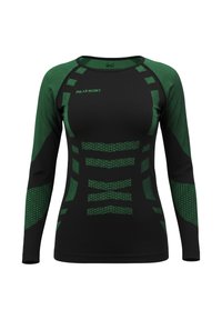 Black long-sleeve athletic shirt with green geometric patterns and textured accents. Material appears stretchy and breathable. Brands logo displayed.