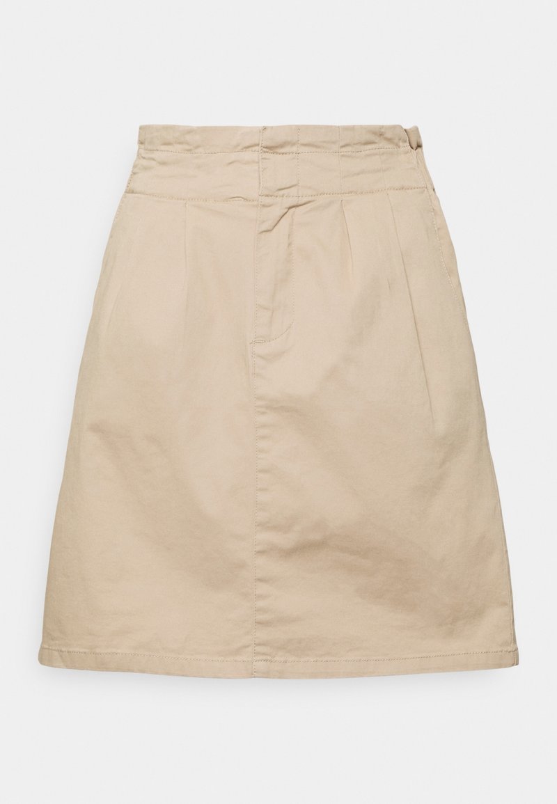 Jupe beige longueur genou avec taille haute, plis devant et coutures visibles sur un fond clair uni.
