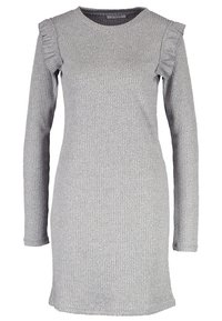 Abito grigio a coste con maniche lunghe, caratterizzato da dettagli arricciati sulle spalle. Realizzato in un tessuto elasticizzato, offre una silhouette aderente.