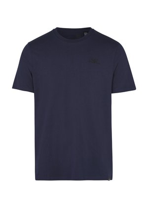T-shirt di cotone blu navy con scollo rotondo. Presenta un piccolo logo nero sul lato sinistro del petto e un taglio dritto all'orlo.