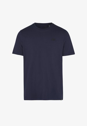 Navy blue cotton t-shirt with a round neckline. Features a small black logo on the left chest and a straight cut at the hem.