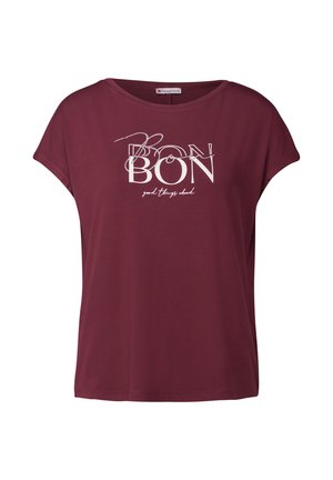 Burgundy puuvillapaita rentoa istuvuutta, jossa on graafinen painatus "BON" ja "hyviä asioita edessä" valkoisena. Lyhyet hihat, pyöreä kaula-aukko.