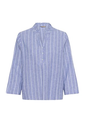 Blaue Leinenbluse mit weißen vertikalen Streifen, dreiviertellangen Ärmeln, Stehkragen und einer Knopfleiste mit drei Knöpfen auf weißem Hintergrund.