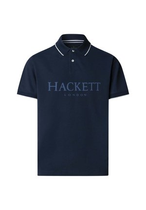 Polo a maniche corte blu navy con rifiniture bianche su colletto e maniche, con testo "HACKETT LONDON" sul davanti.