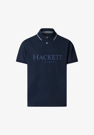 Polo a maniche corte blu navy con rifiniture bianche su colletto e maniche, con testo "HACKETT LONDON" sul davanti.