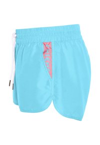Light blue swim shorts made of soft fabric, featuring a drawstring waistband and a pink accent with text on the side.