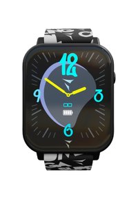 Schwarze Smartwatch mit anpassbarem Ziffernblatt, gelben Zeigern und einem gestreiften schwarz-weißen Armband mit Schriftzug. Symbole zeigen den Batteriestatus an.