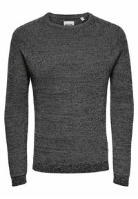 Grauer Strickpullover mit langen Ärmeln, rundem Ausschnitt und strukturierter Oberfläche. Verfügt über gerippte Bündchen und Saum für eine taillierte Optik.