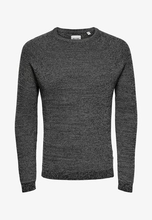 Grey knit sweater with long sleeves, round neckline, and a textured finish. Features ribbed cuffs and hem for a fitted look.