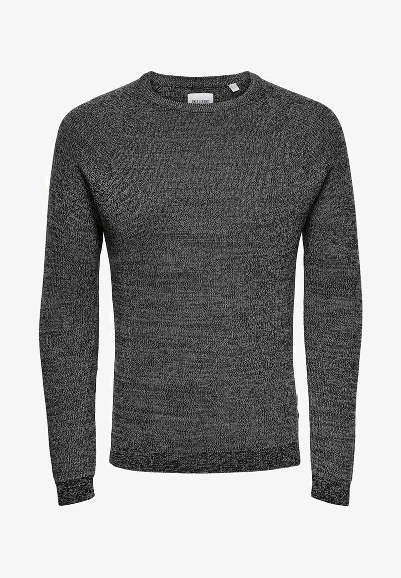 Grauer Strickpullover mit langen Ärmeln, rundem Ausschnitt und strukturierter Oberfläche. Verfügt über gerippte Bündchen und Saum für eine taillierte Optik.