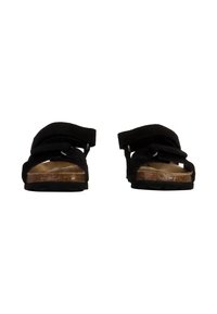 Sandales noires réglables avec une semelle en liège et une semelle en caoutchouc texturée. Comprend deux larges sangles avec des fermetures Velcro pour une mise en chaussure facile.