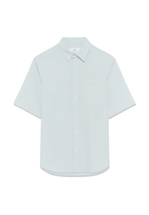 Krátky rukáv, košeľa na gombíky svetlo mätovej farby, vyrobená z textúrovanej látky. Má náprsné vrecko a klasický golier.