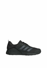 Baskets de sport noires avec tige en maille, trois rayures grises et semelle texturée. Caractéristiques : talon renforcé et design à lacets pour un maintien sécurisé.