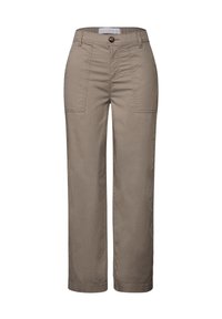 Pantaloni khaki con design a gamba dritta, realizzati in tessuto leggero. Presentano due tasche frontali e una chiusura con bottone in vita.