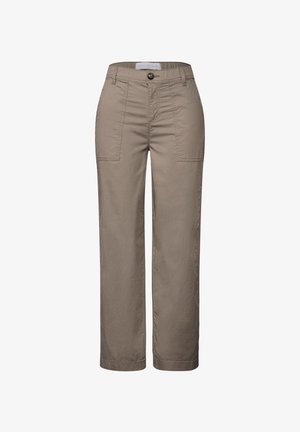 Pantaloni khaki con design a gamba dritta, realizzati in tessuto leggero. Presentano due tasche frontali e una chiusura con bottone in vita.