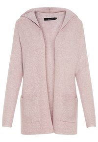 Rosa, texturerad cardigan med huva, öppen front och två framfickor. Mjuk tygkvalitet, lättviktig design och ledig passform.