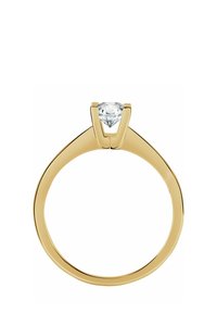 Goldener Verlobungsring mit einem einzelnen rund geschliffenen Diamanten, der von einer V-förmigen Krappenfassung gehalten wird. Glatter Ring mit polierter Oberfläche.