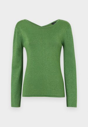 Green long-sleeve top made of shimmering fabric, featuring a V-neck and fitted silhouette, with smooth texture and no visible embellishments.