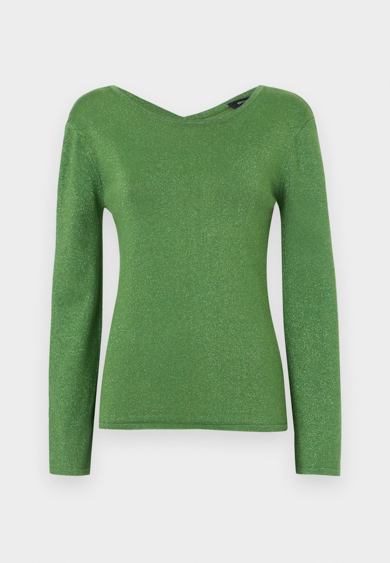 Grünes Langarmshirt aus schimmerndem Stoff, mit V-Ausschnitt und figurnaher Silhouette, glatter Textur und ohne sichtbare Verzierungen.