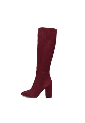 Knee-high burgundy suede boots with a pointed toe and chunky heel, featuring a smooth texture and minimalist design.
