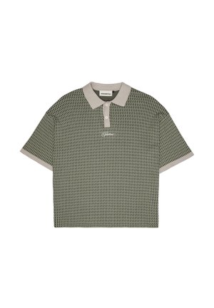 Short-sleeve polo shirt in olive green with a textured pattern, light beige collar, and contrasting trim. Features two buttons and logo detail.