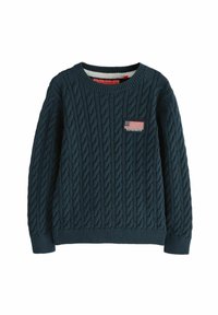 Modra kabelčna pletena pulover iz strukturirane tkanine, s krojnim ovratnikom in majhnim značkim z napisom "SUPERDRY" na prsih.