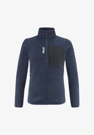 Marineblaue Fleecejacke mit hohem Kragen, Reißverschluss-Brusttasche und zwei Seitentaschen. Verfügt über eine strukturierte Stoffoberfläche und dezente, tonale Muster.