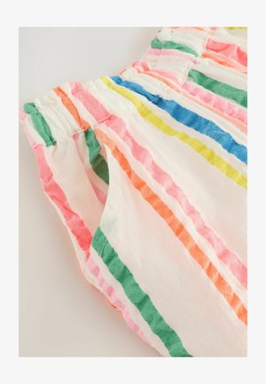 Daugiaspalviai dryžuoti audiniai šortai su rožinėmis, oranžinėmis, geltonomis, žaliomis ir mėlynomis juostelėmis ant baltos fono. Elastingos juostos siūlės.