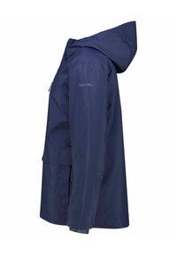 Marineblauer wasserdichter Mantel mit Kapuze, verstellbaren Bündchen, einem Frontreißverschluss und zwei Seitentaschen. Hergestellt aus leichtem, strapazierfähigem Material.