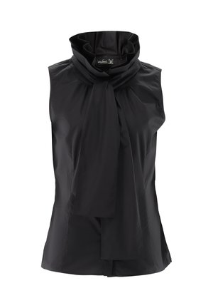 Schwarzes ärmelloses Oberteil mit hohem, umgeschlagenem Kragen und einer Schleife vorn. Hergestellt aus glattem Stoff, besticht es durch eine taillierte Passform und klare Linien.