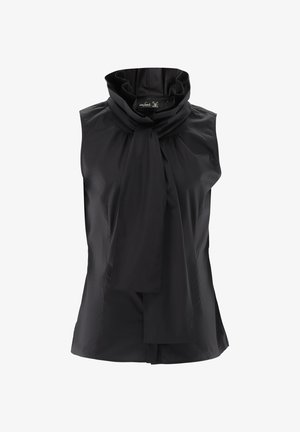 Schwarzes ärmelloses Oberteil mit hohem, umgeschlagenem Kragen und einer Schleife vorn. Hergestellt aus glattem Stoff, besticht es durch eine taillierte Passform und klare Linien.