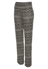 Zwarte en beige gebloemde broek met een geometrisch ontwerp, voorzien van een zachte, rekbare tailleband en een ontspannen pasvorm.