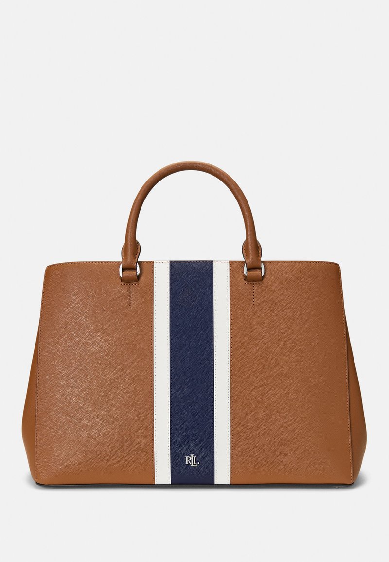 Lauren Ralph Lauren STRIPED LEATHER LARGE HANNA SATCHEL - Geantă de mână - tan/soft white/navy