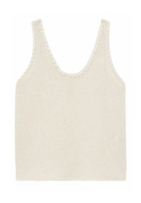 Cremfarbener gestrickter Tanktop mit Rundhalsausschnitt, der ein strukturiertes Muster und gerippte Abschlüsse entlang der Kanten aufweist.