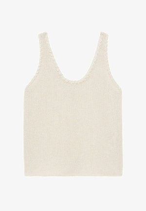 Krekla krāsas adīta bez piedurknēm veste ar apaļu kakla izgriezumu, ar strukturētu rakstu un ribotām malām.