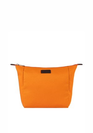 Orange rectangular fabric pouch with a zipper top and a small brown leather label centered on the front.