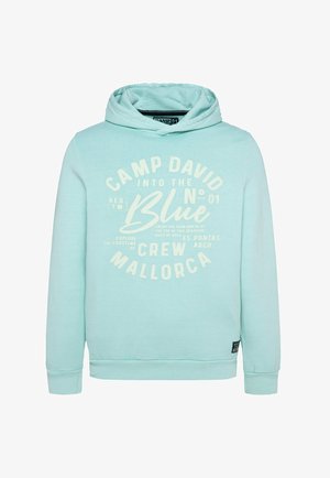 Felpa blu chiaro in misto cotone con stampa grafica frontale e testo. Tasca a canguro e polsini a costine. Texture liscia.