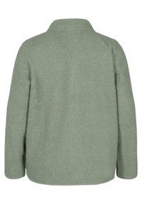 Grön fleecejacka med en texturerad, mjuk yta, långa ärmar och krage. Baksidan är enkel utan ytterligare detaljer.