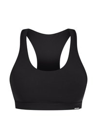 Zwarte sportbeha met racerback ontwerp, vervaardigd uit soepele, rekbare stof, met een brede onderband en minimale branding.
