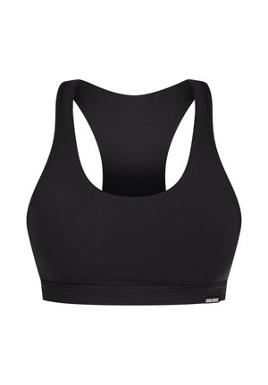 Sort atletisk sports-bh med racerback-design, lavet af glat, strækbart stof, med en bred underkant og minimal branding.