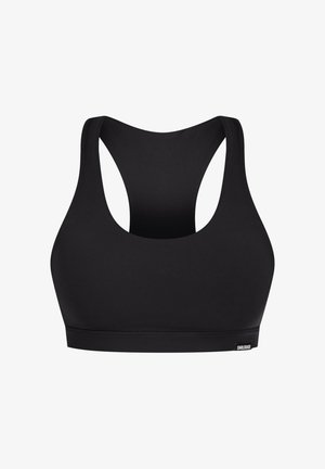 Musta urheiluliivi, jossa on urheilurintaliivimäinen selkäosa, valmistettu sileästä ja joustavasta kankaasta. Siinä on leveä alareuna ja minimaalinen brändäys.