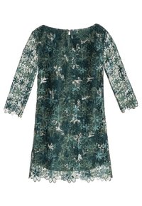 Zielona koronkowa sukienka z rękawami do połowy ramienia i kwiatowym wzorem. Posiada falowany dół oraz zamek błyskawiczny z tyłu.