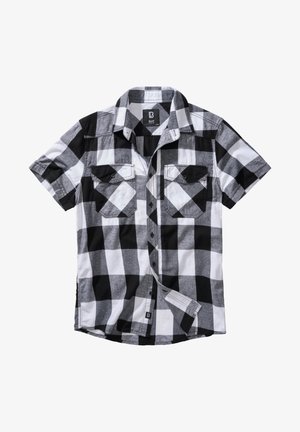 Lühikeste varrukatega nööbiga särk must-valges ruudulises mustris, valmistatud puuvillast, millel on kaks rinna taskut ja sirge lõige külgvaha.