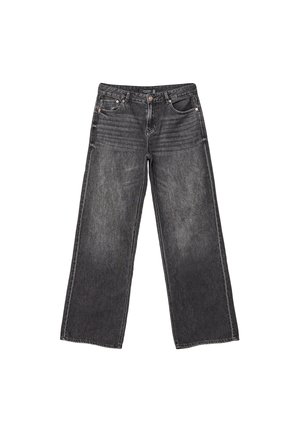 Dunkelgraue weite Jeans aus Denim mit Vorder- und Hintertaschen, Knopfverschluss und dezentem, ausgewaschenem Detail.
